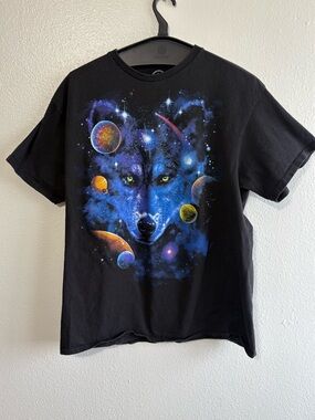 DOM Size Large Black Blue Wolf Planet Graphic Tee Shirt Grunge Indie Retro